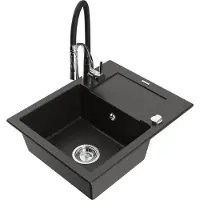 Mexen Enzo 1 Becken-Granitspüle mit Abtropffläche und Mischbatterie Aster, Schwarz/Gold metallisch - 6506-75-73450-07