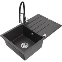 Mexen Bruno 1 Becken-Granitspüle mit Abtropffläche und Mischbatterie Aster, Schwarz gesprenkelt - 6513-76-73450-07