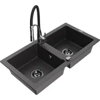 Mexen Mario 2-Becken-Granitspüle mit Mischbatterie Aster, Schwarz gesprenkelt - 6504-76-73450-07-B