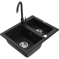 Mexen Carlos 1,5-Becken-Granitspüle mit Mischbatterie Telma, Schwarz - 6518-77-670200-70