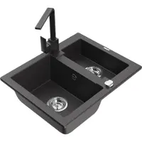 Mexen Carlos 1,5-Becken-Granitspüle mit Mischbatterie Rita, Schwarz gesprenkelt - 6518-76-670300-76