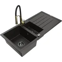 Mexen Andres 1,5-Becken-Granitspüle mit Abtropffläche und Mischbatterie Aster, Schwarz/Gold metallisch - 6515-75-73450-57-B