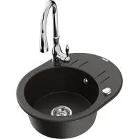 Mexen Kevin 1 Becken-Granitspüle mit Abtropffläche und Mischbatterie Savita, Schwarz/Gold metallisch - 6517-75-672601-00