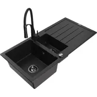 Mexen Andres 1,5-Becken-Granitspüle mit Abtropffläche und Mischbatterie Aster, Schwarz - 6515-77-73450-70-B