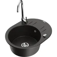 Mexen Kevin 1 Becken-Granitspüle mit Abtropffläche und Mischbatterie Telma, Schwarz/Gold metallisch - 6517-75-670200-00