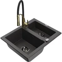 Mexen Carlos 1-Becken-Granit-Spüle mit Mischbatterie Aster, Schwarz gesprenkelt - 6518-76-73450-57-B