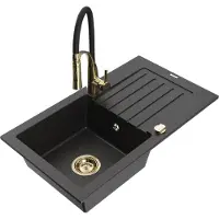 Mexen Pablo 1 Becken-Granitspüle mit Abtropffläche und Mischbatterie Aster, Schwarz/Silbermetallic - 6510-73-73450-57-G