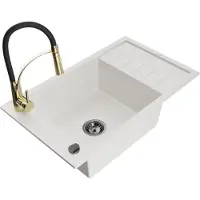 Mexen Elias 1 Becken-Granitspüle mit Abtropffläche und Mischbatterie Aster, Weiß - 6511-20-73450-57-B