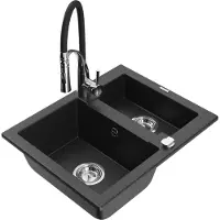 Mexen Carlos 1-Becken-Granit-Spüle mit Mischbatterie Aster, Schwarz/Silbermetallic - 6518-73-73450-07