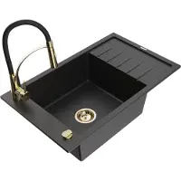 Mexen Elias 1 Becken-Granitspüle mit Abtropffläche und Mischbatterie Aster, Schwarz/Silbermetallic - 6511-73-73450-57-G