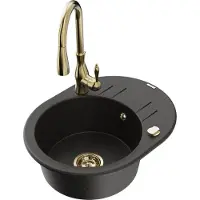 Mexen Kevin 1 Becken-Granitspüle mit Abtropffläche und Mischbatterie Savita, Schwarz/Gold metallisch - 6517-75-672601-50
