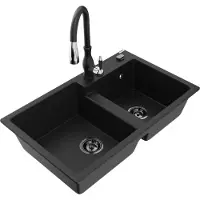 Mexen Tomas 2-Becken-Granitspüle mit Mischbatterie Savita, Schwarz - 6516-77-672601-70-B