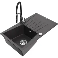 Mexen Cesar 1 Becken-Granitspüle mit Abtropffläche und Mischbatterie Aster, Schwarz gesprenkelt - 6514-76-73450-07