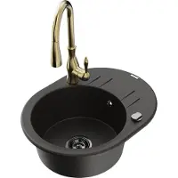 Mexen Kevin 1 Becken-Granitspüle mit Abtropffläche und Mischbatterie Savita, Schwarz/Gold metallisch - 6517-75-672601-50-B