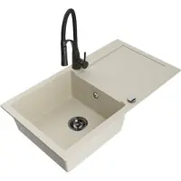 Mexen Leo 1 Becken-Granitspüle mit Abtropffläche und Mischbatterie Aster, Beige - 6501-69-73450-70-B