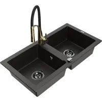 Mexen Mario 2-Becken-Granitspüle mit Mischbatterie Aster, Schwarz/Gold metallisch - 6504-75-73450-57-B
