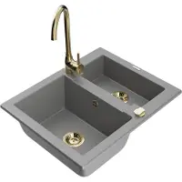 Mexen Carlos 1,5-Becken-Granitspüle mit Mischbatterie Telma, Grau - 6518-71-670200-50