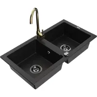 Mexen Mario 2-Becken-Granitspüle mit Mischbatterie Telma, Schwarz - 6504-77-670200-50-B