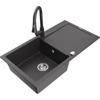 Mexen Leo 1 Becken-Granitspüle mit Abtropffläche und Mischbatterie Elia, Schwarz gesprenkelt - 6501-76-670101-76