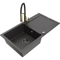 Mexen Leo 1 Becken-Granitspüle mit Abtropffläche und Mischbatterie Aster, Schwarz gesprenkelt - 6501-76-73450-57-B