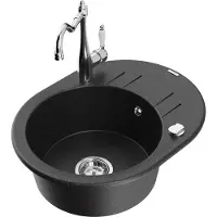 Mexen Kevin 1 Becken-Granitspüle mit Abtropffläche und Mischbatterie Carla, Schwarz/Silbermetallic - 6517-73-670700-00