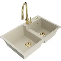 Mexen Tomas 2-Becken-Granitspüle mit Mischbatterie Savita, Beige - 6516-69-672601-50