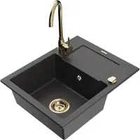 Mexen Enzo 1 Becken-Granitspüle mit Abtropffläche und Mischbatterie Telma, Schwarz gesprenkelt - 6506-76-670200-50