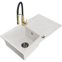 Mexen Cesar 1 Becken-Granitspüle mit Abtropffläche und Mischbatterie Aster, Weiß - 6514-20-73450-57-B