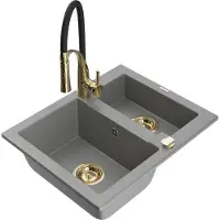 Mexen Carlos 1-Becken-Granit-Spüle mit Mischbatterie Aster, Grau - 6518-71-73450-57-G