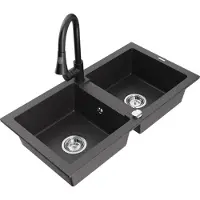 Mexen Mario 2-Becken-Granitspüle mit Mischbatterie Elia, Schwarz gesprenkelt - 6504-76-670101-70
