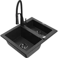 Mexen Carlos 1-Becken-Granit-Spüle mit Mischbatterie Aster, Schwarz/Silbermetallic - 6518-73-73450-70-B