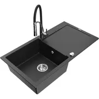 Mexen Leo 1 Becken-Granitspüle mit Abtropffläche und Mischbatterie Aster, Schwarz/Silbermetallic - 6501-73-73450-07
