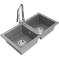 Mexen Mario 2-Becken-Granitspüle mit Mischbatterie Elia, Grau - 6504-71-670101-00