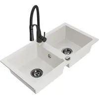 Mexen Mario 2-Becken-Granitspüle mit Mischbatterie Aster, Weiß - 6504-20-73450-70-B