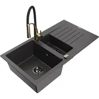 Mexen Matias 1,5-Becken-Granitspüle mit Abtropffläche und Mischbatterie Aster, Schwarz gesprenkelt - 6502-76-73450-57-B