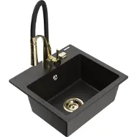 Mexen Milo 1-Becken-Granit-Spüle mit Mischbatterie Aster, Schwarz/Gold metallisch - 6505-75-73450-57-G