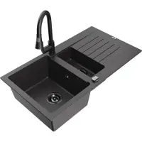 Mexen Matias 1,5-Becken-Granitspüle mit Abtropffläche und Mischbatterie Elia, Schwarz gesprenkelt - 6502-76-670101-70-B