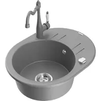 Mexen Kevin 1 Becken-Granitspüle mit Abtropffläche und Mischbatterie Carla, Grau - 6517-71-670700-71