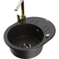Mexen Kevin 1 Becken-Granitspüle mit Abtropffläche und Mischbatterie Rita, Schwarz/Gold metallisch - 6517-75-670300-50-B