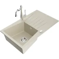 Mexen Cesar 1 Becken-Granitspüle mit Abtropffläche und Mischbatterie Carla, Beige - 6514-69-670700-00
