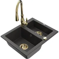 Mexen Carlos 1,5-Becken-Granitspüle mit Mischbatterie Savita, Schwarz gesprenkelt - 6518-76-672601-50