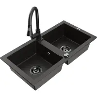 Mexen Mario 2-Becken-Granitspüle mit Mischbatterie Elia, Schwarz/Gold metallisch - 6504-75-670101-70-B