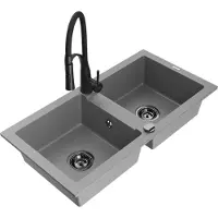 Mexen Mario 2-Becken-Granitspüle mit Mischbatterie Aster, Grau - 6504-71-73450-70-B