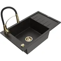 Mexen Elias 1 Becken-Granitspüle mit Abtropffläche und Mischbatterie Aster, Schwarz/Gold metallisch - 6511-75-73450-57-G