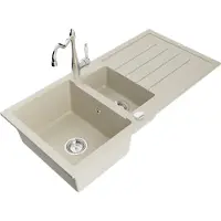 Mexen Andres 1,5-Becken-Granitspüle mit Abtropffläche und Mischbatterie Carla, Beige - 6515-69-670700-00