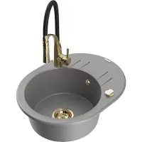 Mexen Kevin 1 Becken-Granitspüle mit Abtropffläche und Mischbatterie Aster, Grau - 6517-71-73450-57-G
