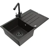 Mexen Bruno 1 Becken-Granitspüle mit Abtropffläche und Mischbatterie Duero, Schwarz/Gold metallisch - 6513-75-671600-70-B