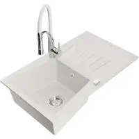 Mexen Cesar 1 Becken-Granitspüle mit Abtropffläche und Mischbatterie Aster, Weiß - 6514-20-73450-02