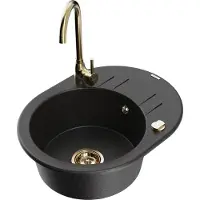 Mexen Kevin 1 Becken-Granitspüle mit Abtropffläche und Mischbatterie Telma, Schwarz/Silbermetallic - 6517-73-670200-50