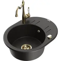 Mexen Kevin 1 Becken-Granitspüle mit Abtropffläche und Mischbatterie Carla, Schwarz/Gold metallisch - 6517-75-670700-50